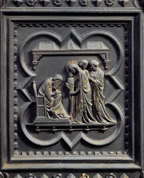 Sacharja schreibt den Namen des Jungen, fünftes Panel der Südtüren des Baptisteriums von San Giovanni, 1336